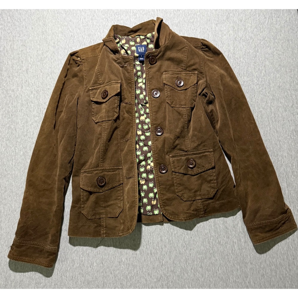 Gap Brown Corduroy Utility Jacket Butterfly Print Lining Size 2 Military Style